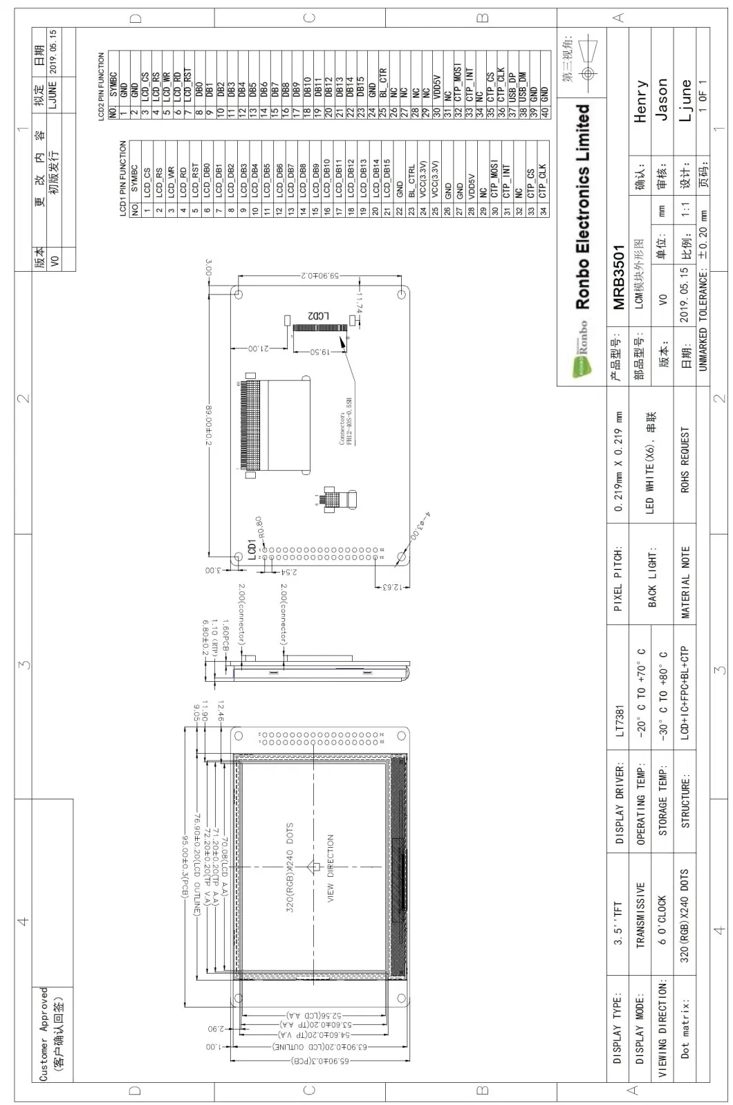 3.5inch Resolution 320X240 Landscape Type MCU 16bit Parallel Capacitive Touch LCD Driver Board